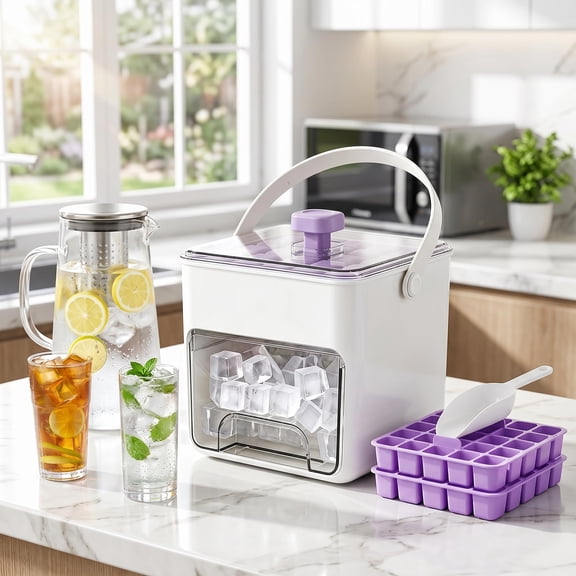 Cube Ice Maker With Easy Press Lid, 2026 Upgrade Double-Deck Portable Ice Cube Tray, Silicone Ice Cube Mold Maker Container Box for DIY Whiskey Cocktail Coffee Beverages (White, 50 cube)