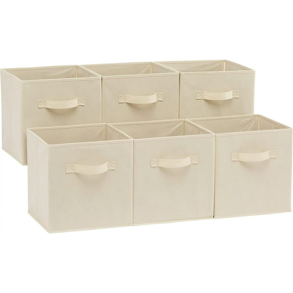 Cube Organizer Storage Bins Handles, Collapsible Fabric, Pack of 6, 10.5"x10.5"x11", White/ Light Grey Stripe