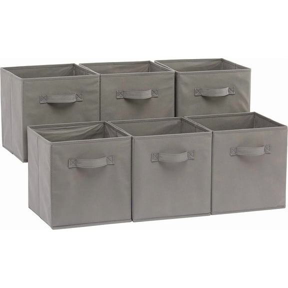 Cube Organizer Storage Bins Handles, Collapsible Fabric, Pack of 6, 10.5"x10.5"x11", White/ Light Grey Stripe