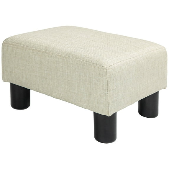 Cube Ottoman, Beige Linen Fabric Footrest for Living Room, Extra Seat