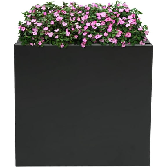 Cube Planter Box - 16" Large Square Steel Planter for Indoor/Outdoor Garden, Patio, Courtyard | Durable All-Weather Design with Smooth Edges & Protective Gloves | Modern Décor for Plants (Black)