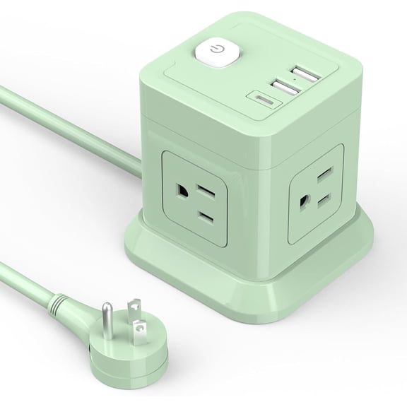Cube Power Strip, 4 Widely Spaced Outlet with 3 USB (1 USB C) Flat Plug Power Strips with Long Extension Cords Space Save Compact Portable for Travel Home Office Cruise (Green)
