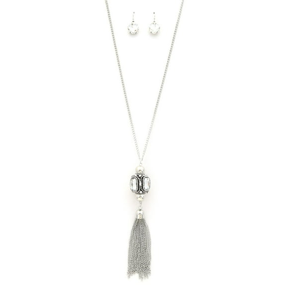 Cube Rhinestone Chain Tassel Necklace One Size Silver