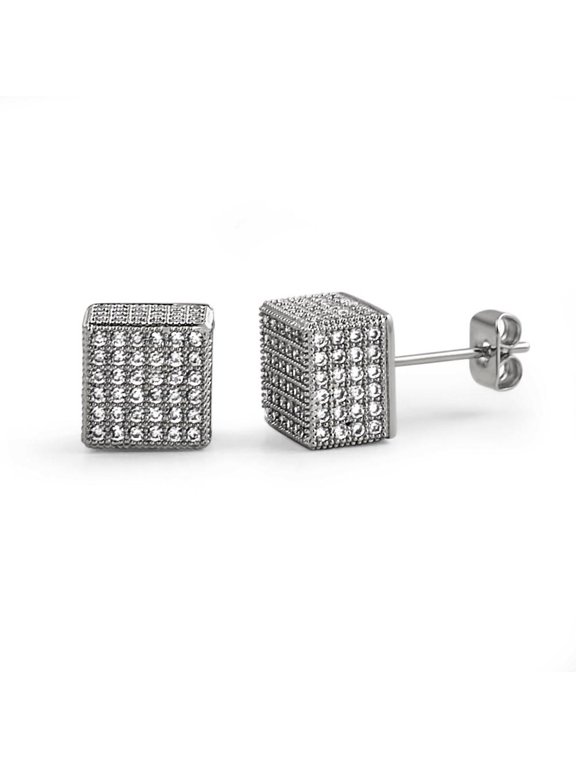 Cube Rhodium CZ Hip Hop Bling Bling Earrings