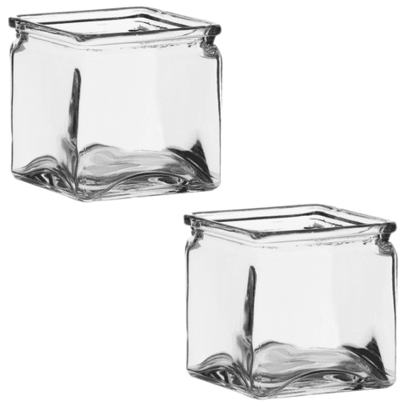 Cube Rose Vases, Colored Glass 5" x 5" -SET/2  Square Cube, - RED