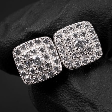 Cube Shaped 3D Square 14K White Gold 925 Sterling Silver Micro Pave Iced Unisex Cz Hip Hop Screw Back Post 10mm Flower Cluster Stud Earrings