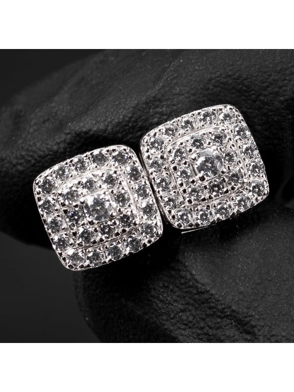 Cube Shaped 3D Square 14K White Gold 925 Sterling Silver Micro Pave Iced Unisex Cz Hip Hop Screw Back Post 10mm Flower Cluster Stud Earrings
