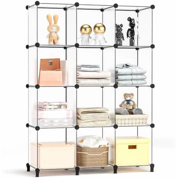 Cube Shelves, 12 Cubby Storage Organizer,DIY Closet Organizers and Storage Shelves for Bedroom,Stackable Closet Shelves for Clothing Storage,Book Shelf, Toy Organizers and Storage, Transparent White