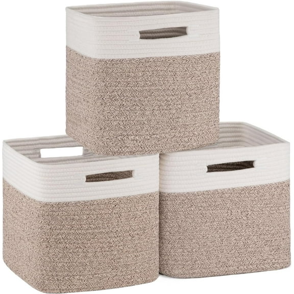 Cube Storage Basket, 3-Pack Woven Cotton Rope Baskets, 11-Inch Cube Basket with Handles, Great for Shelves, Closets, Children's Toy Organization - White & Brown