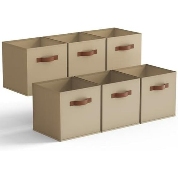 Cube Storage Bins, 11 Inch Cube Storage Organizer with PU Handle, Fabric Storage Bins, Storage Cubes for Shelves, Closet, Khaki, 6-Pack