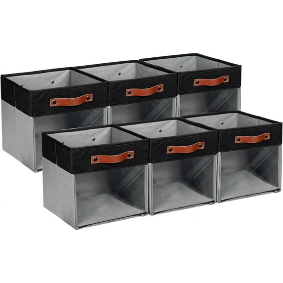 Cube Storage Bins 11 x 11, Fabric Cubes Storage Bins 11x11 Clear Storage Organizer,Canvas Storage Bin for Cube Storage, Cubby Collapsible Organizer Bin for Organizing Home(Gray Black 6PCS)