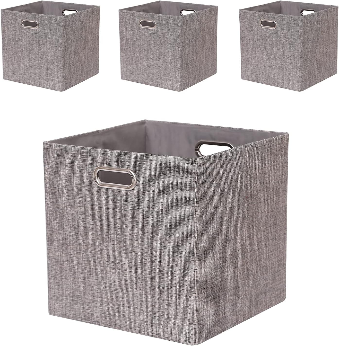 Cube Storage Bins 13×13 Linen Foldable Box with Handles, Collapsible Organization Basket Set of 4 Large Capacity Drawer for Closet Shelf Cabinet Bookcase Bedroom, Light Coffee