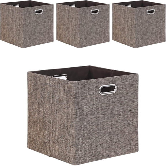 Cube Storage Bins 13×13 Linen Foldable Box with Handles, Collapsible Organization Basket Set of 4 Large Capacity Drawer for Closet Shelf Cabinet Bookcase Bedroom, Coffee