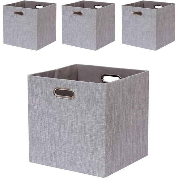 Cube Storage Bins 13×13 Linen Foldable Box with Handles, Collapsible Organization Basket Set of 4 Large Capacity Grewer for Closet Shelf Cabinet Bookcase Bedroom, Silver Grey