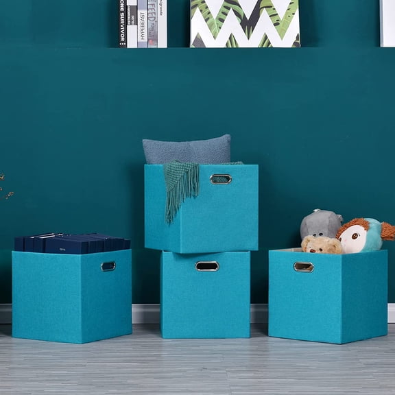 Cube Storage Bins 13x13 Linen Foldable Box with Handles, Collapsible Organization Basket Set of 4 Large Capacity Drawer for Closet Shelf Cabinet Bookcase Bedroom Lake Blue
