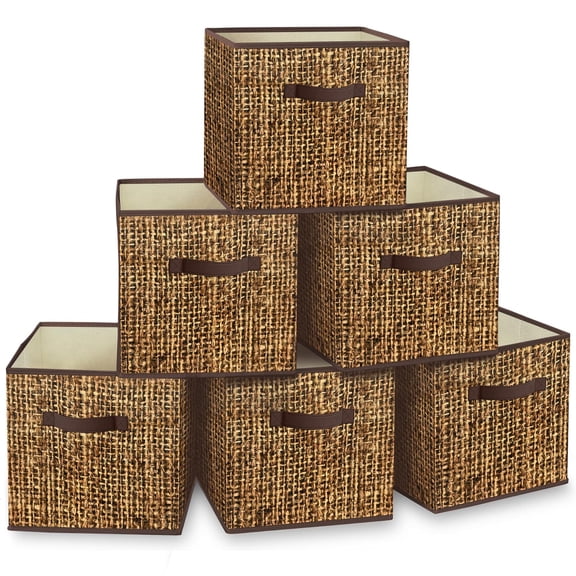 Cube Storage Bins Brown Rattan Weaving Printing 11inch Collapsible Organizer
