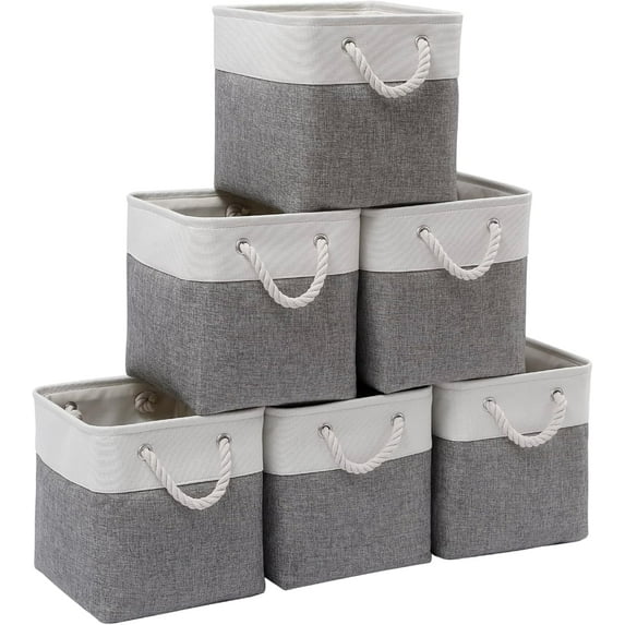 Cube Storage Bins, Collapsible Fabric Cube Storage Bin, 11 Inch Cube Storage Bins with Handles, Foldable Storage Cubes (White/Gray, 6Pack)