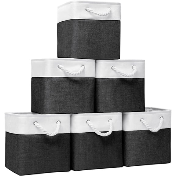 Cube Storage Bins, Collapsible Fabric Storage Cubes Bins, 11 Inch Cube Storage Bins with Handles, Foldable Storage Cubes (White/Black, 6Pack)