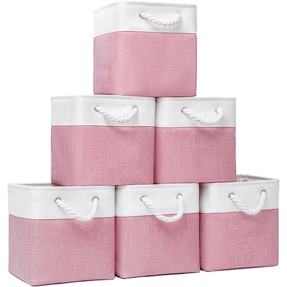 Cube Storage Bins, Collapsible Fabric Storage Cubes Bins, 11 Inch Cube Storage Bins with Handles, Foldable Storage Cubes (White/Pink, 6Pack)