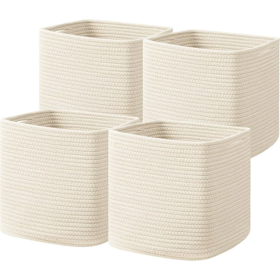 Cube Storage Bins Set of 4, 13inch Cube Baskets Organizer for Nursery, Square Cotton Rope Baskets for Shelves Organizing, Kids Toy, Closet Storage, Beige