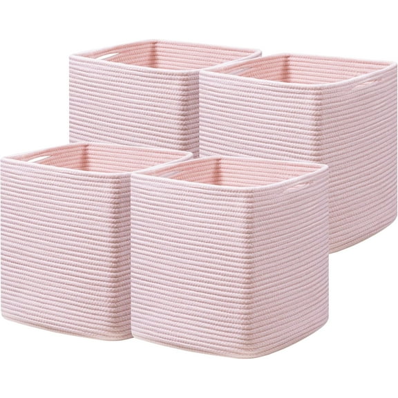 Cube Storage Bins Set of 4, 13inch Cube Baskets Organizer for Nursery, Square Cotton Rope Baskets for Shelves Organizing, Kids Toy, Closet Storage,Pink