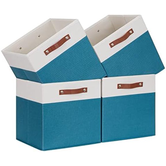 Cube Storage Bins Storage Cube Bins for Home, 4 Pack Fabric Storage Bins for Organization, Storage Cubes 13x13 Cube Baskets with Leather Handles (White&Teal)