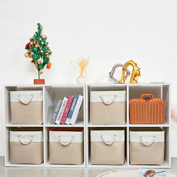 Cube Storage Bins White&Beige-12"x12"x12" 6 Pack Collapsible Fabric Home Organization