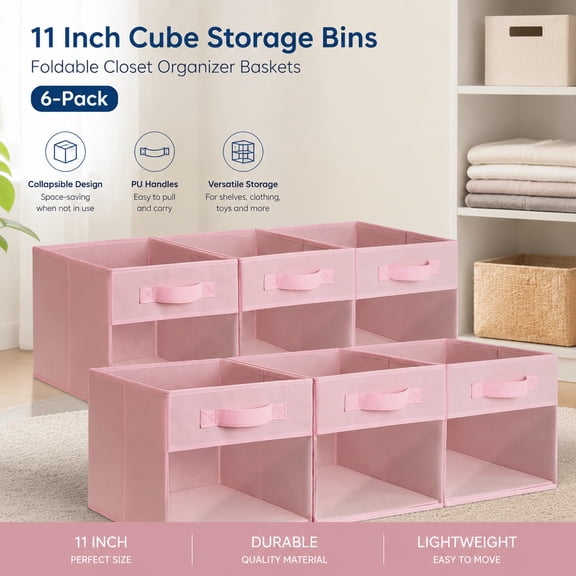 Cube Storage Bins with Clear Window, 11 Inch Collapsible Fabric Storage Cubes, Decorative Organizers for Shelves, Closets, Pink, 6-Pack