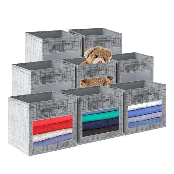 Cube Storage Bins with Clear Window, Foldable Fabric Baskets for Shelf & Closet Organizer, Nursery & Kids Room, 8 Pack, Grey