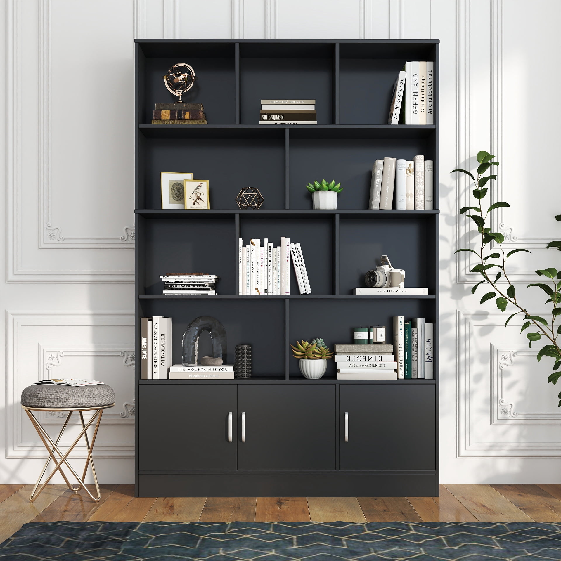 Cube Storage Organizer 10-Cube 4-Tier Open Shelf Bookcase with Cabinet Doors, Black