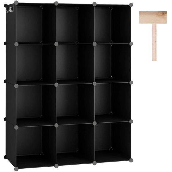 Cube Storage Organizer, 12-Cube Shelves Units, Closet Cabinet, DIY Plastic Modular Book Shelf, Ideal for Bedroom, Living Room, Office, 36.6" L x 12.4" W x 48.4" H Black SHS3012B