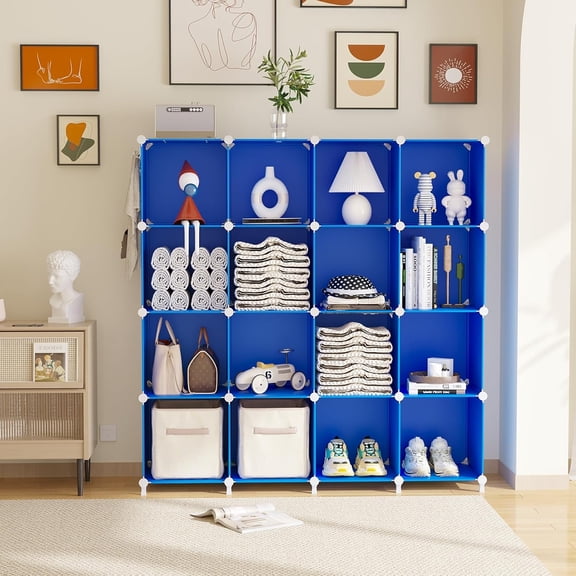 Cube Storage Organizer, 16 Cube Closet Organizers and Storage Shelves, Stackable Bookshelf for Bedroom, Home, Admiral Blue