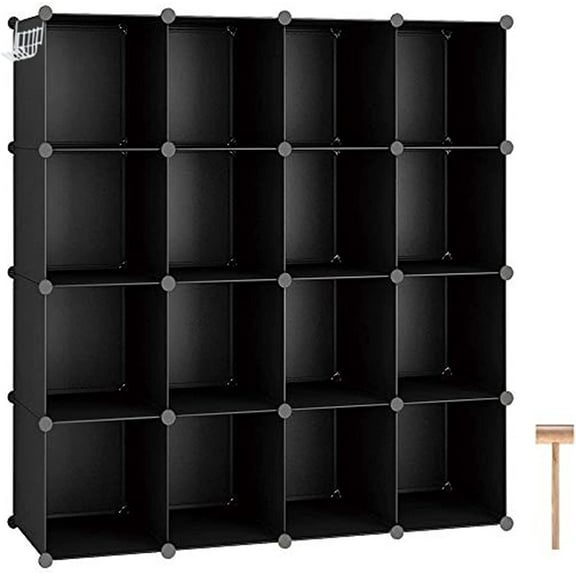 Cube Storage Organizer, 16-Cube Shelves Units, Plastic Storage Cubes, DIY Closet Organizer, Modular Closet Storage Shelves Ideal for Home, Bedroom, 48.4" L 12.4" W 48.4" H Black SUM3016H