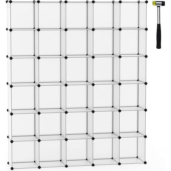 Cube Storage Organizer, 30-Cube Shelves Units, Closet Cabinet, DIY Plastic Modular Book Shelf, Ideal for Bedroom, Living Room, Office, 60.6" L x 12.4" W x 72.6" H Transparent White