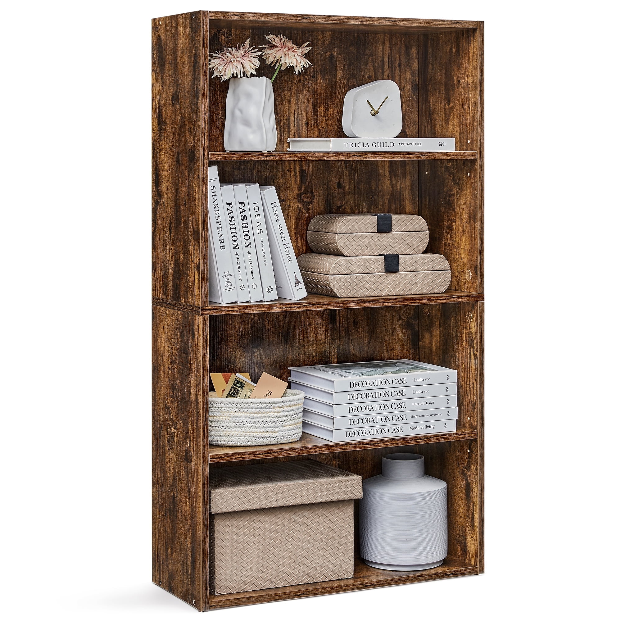 Rustic Brown 4-Tier Adjustable Kids Bookcase with Cubes