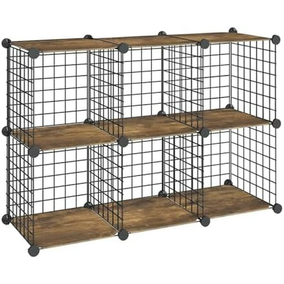 Cube Storage Organizer, 6-Cube Metal Grid Storage Shelf, Modular Cabinet, DIY Cube Storage Organizer, for Living Room, Bedroom, Study, Rustic Brown and Black BF06CW01
