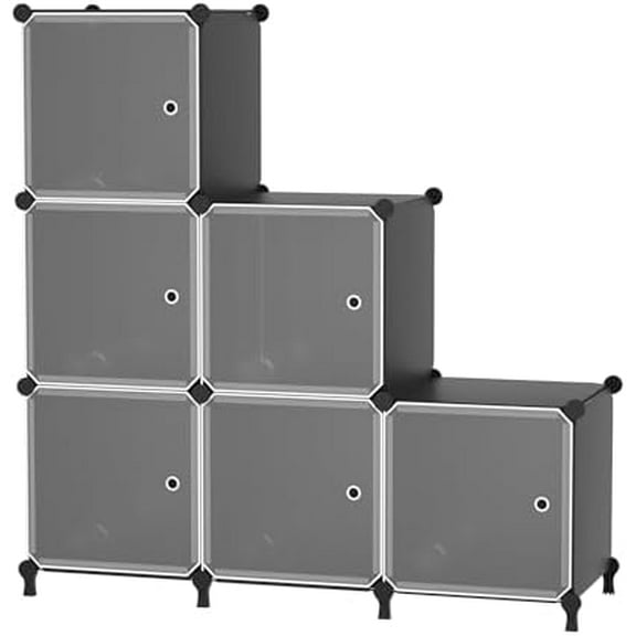 Cube Storage Organizer, 6-Cube Shelves Unit with Doors, DIY Stackable Plastic Clothes Organizer for Bedroom and Under Stairs Storage Unit, Each Compartment 30 x 30 x 30 cm Black ATTSL6001
