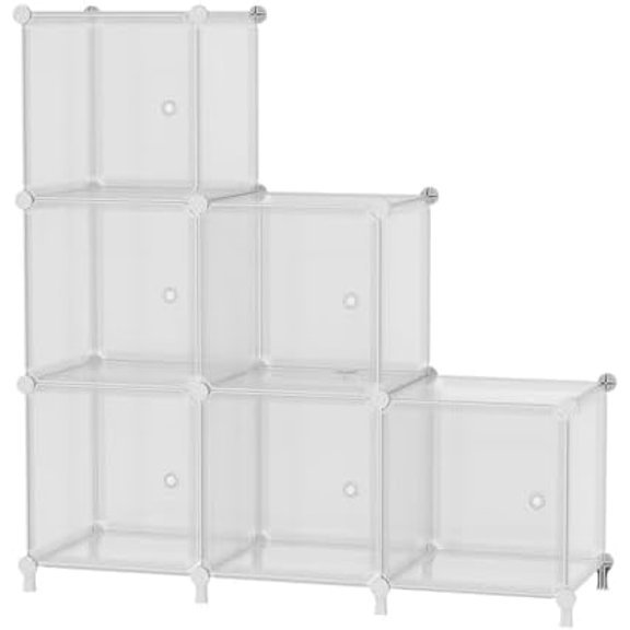 Cube Storage Organizer, 6-Cube Shelves Unit with Doors, DIY Stackable Plastic Clothes Organizer for Bedroom and Under Stairs Storage Unit, Each Compartment 30 x 30 x 30 cm Striped White