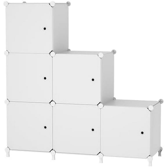 Cube Storage Organizer, 6-Cube Shelves Unit with Doors, DIY Stackable Plastic Clothes Organizer for Bedroom and Under Stairs Storage Unit, Each Compartment 30 x 30 x 30 cm White ATTSL6002