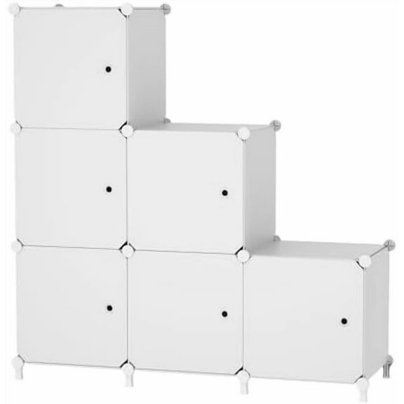 Cube Storage Organizer, 6-Cube Shelves Unit with Doors, DIY Stackable Plastic Clothes Organizer for Bedroom and Under Stairs Storage Unit, Each Compartment 30 x 30 x 30 cm White ATTSL6002