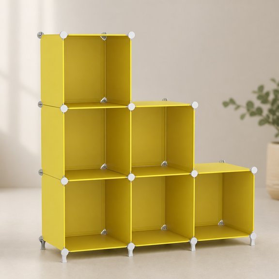 Cube Storage Organizer, 6 Cube Stackable Closet Organizer Shelving, DIY Modular Bookshelf Plastic Storage for Bedroom, Home, Yellow