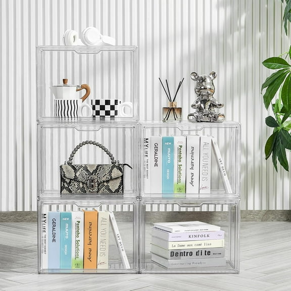 Cube Storage Organizer Acrylic Book Case Display Case Box Stackable Book Storage Containers With Magnetic Door Clear Plastic Portable Organizer For Living Room Bedroom 5 Pcs