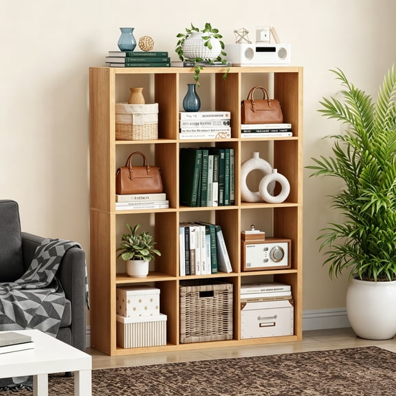 Cube Storage Organizer Bookcase, Decorative 11 Inch Open Back Cubical Shelf with Thickened Border, Display Bookshelf for Living Room Home Office (Natural Oak, 12 Cube)
