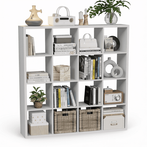 Cube Storage Organizer Bookcase, Decorative 11 Inch Open Back Cubical Shelf with Thickened Border, Display Bookshelf for Living Room, Home Office, Sturdy Room (White, 16 Cube)