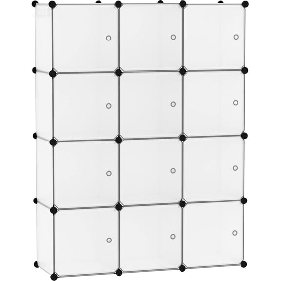 Cube Storage Organizer with Doors, 12-Cube Shelves, Closet Cabinet, DIY Plastic Modular Bookshelf Ideal for Bedroom, Living Room, 36.6”L x 12.4”W x 48.4”H Transparent White