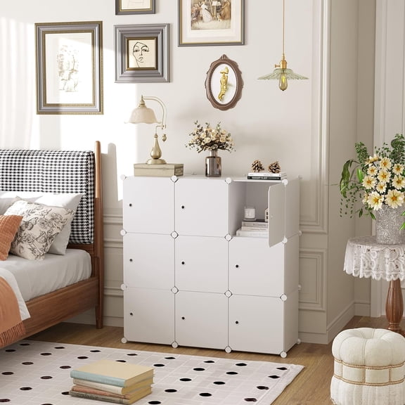 Cube Storage Organizer with Doors, 9-Cube Shelf, Closet Cabinet,  Plastic Modular Bookshelf, Storage Shelves Ideal for Bedroom,Living Room,36.6”L x 12.4”W x 36.6”H Milky USHS3009M-DOOR