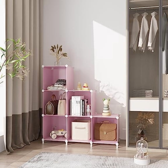 Cube Storage Organizer Protable Closet Organizers and Storage for Kids DIY Stackable 6 Cubes Storage Shelves Clothes Organizer for Bedroom, Home, Pink