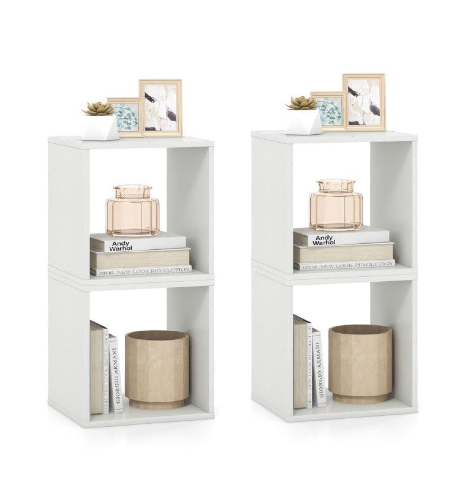 Cube Storage Organizer Set of 2, 15x15x13in Engineered Wood Bookcase, Living Room Bedroom Shelving Unit, Display Rack for Vinyl Records & Decor, White/Natural