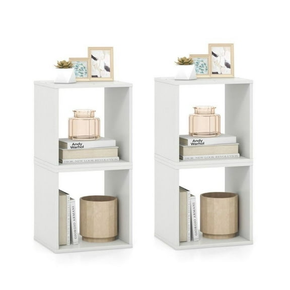 Cube Storage Organizer Set of 2, 15x15x13in Engineered Wood Bookcase, Living Room Bedroom Shelving Unit, Display Rack for Vinyl Records & Decor, White/Natural