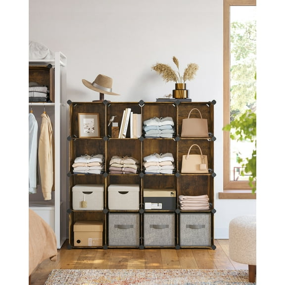 Cube Storage Organizer, Set of 16 Plastic Cubes, Cube Shelf, Book Shelf, Closet Organizers and Storage, Room Organization, 12.2 x 48.4 x 48.4 Inches